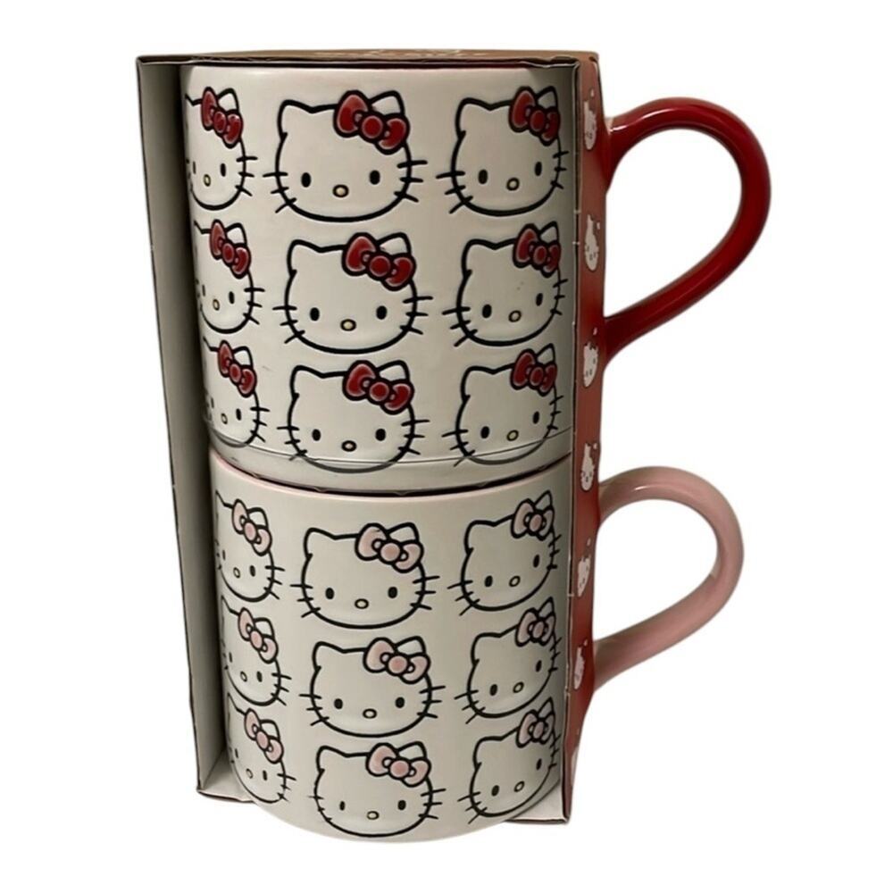 Hello Kitty by Sanrio set 2 large face mugs one pink bow and one red bow red NEW